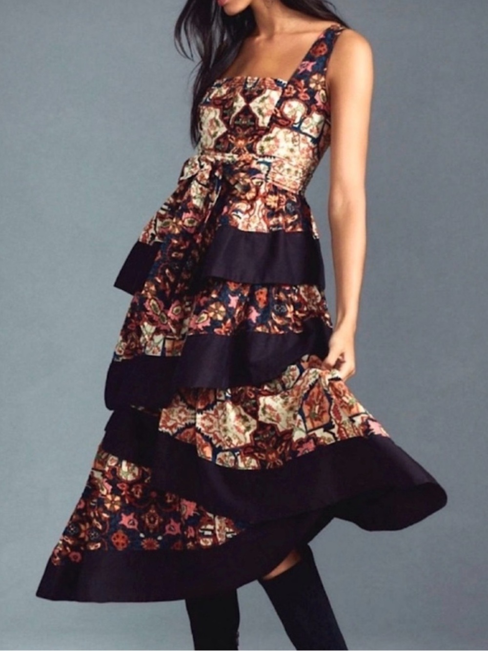 Anthropologie Square-Neck Printed Tiered Midi Dress, NEW